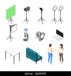 Vlogging icone isometriche insieme con dispositivi elettronici apparecchiature mobili per lo streaming di video e personaggi umani 3D illustrazione vettoriale isolata Illustrazione Vettoriale