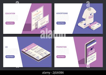Auto promozione marcare a caldo strategie 4 schermi isometrici tablet con creativo cv nome del prodotto pubblicità formazione marketing vettore illustrazione Illustrazione Vettoriale