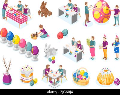 Pasqua isometrica recolor set di icone isolate con personaggi umani che fanno accessori vacanza uova dipinte illustrazione vettoriale Illustrazione Vettoriale