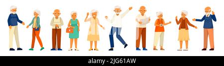 Cartoon persone anziane vita felice composizione colorata cinque paia di uomini e donne adulti in piedi ballando e parlando a vicenda illustrazione vettoriale Illustrazione Vettoriale