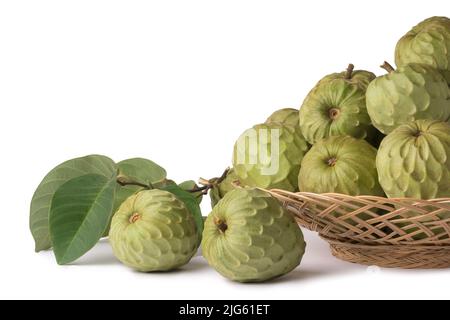 cherimoya, annona cherimoya, frutta commestibile a forma di cono conosciuta anche come mela crema o mela zucchero, frutta tropicale dal gusto dolce in cestino con foglie Foto Stock