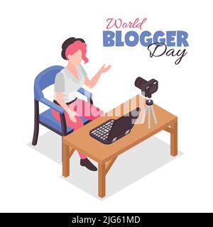 Blogger concetto isometrico con donna streaming simboli illustrazione vettoriale Illustrazione Vettoriale