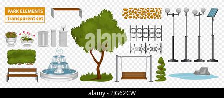 Elementi di parco disposti su sfondo trasparente con icone isolate di lampioni aiuole aiuole e panchine illustrazione vettoriale Illustrazione Vettoriale