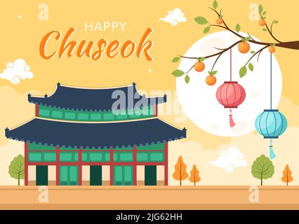 Giornata di Chuseok felice in Corea per Thanksgiving con testo di Calligraphy, Luna piena e Paesaggio del cielo in Illustrazione del cartoon piatto Illustrazione Vettoriale
