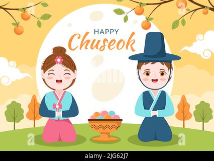 Giornata di Chuseok felice in Corea per il Ringraziamento con la gente in Hanbok tradizionale, Luna piena e Paesaggio cielo in Flat Cartoon Illustrazione Illustrazione Vettoriale