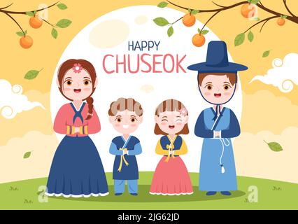 Giornata di Chuseok felice in Corea per il Ringraziamento con la gente in Hanbok tradizionale, Luna piena e Paesaggio cielo in Flat Cartoon Illustrazione Illustrazione Vettoriale