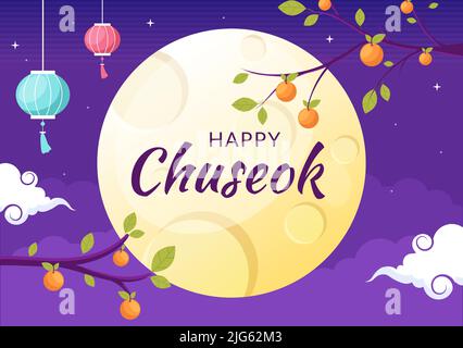 Giornata di Chuseok felice in Corea per Thanksgiving con testo di Calligraphy, Luna piena e Paesaggio del cielo in Illustrazione del cartoon piatto Illustrazione Vettoriale