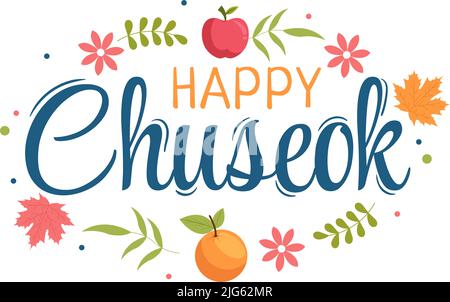 Giornata di Chuseok felice in Corea per Thanksgiving con testo di Calligraphy, Luna piena e Paesaggio del cielo in Illustrazione del cartoon piatto Illustrazione Vettoriale