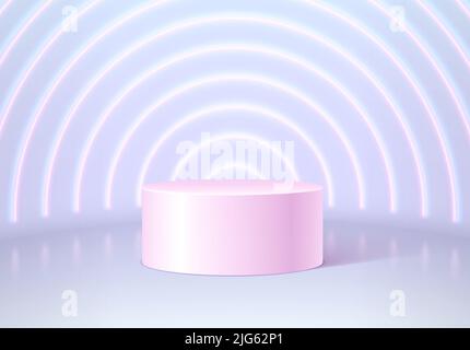 Piedistallo o podio in camera rotonda vuota con luci al neon sullo sfondo. Astrazione architettonica per la presentazione del prodotto o la cerimonia di premiazione. Illustrazione Vettoriale