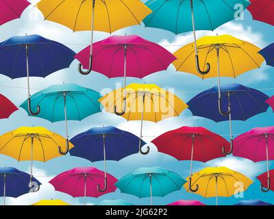 Composizione ombrello realistica canne ombrello colorate collegate insieme appeso al vettore cielo illustrazione Illustrazione Vettoriale