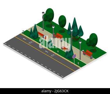 Elementi costruttivi urbani composizione isometrica colorata una strada con un percorso ciclabile nel parco tra alberi verdi illustrazione vettoriale Illustrazione Vettoriale