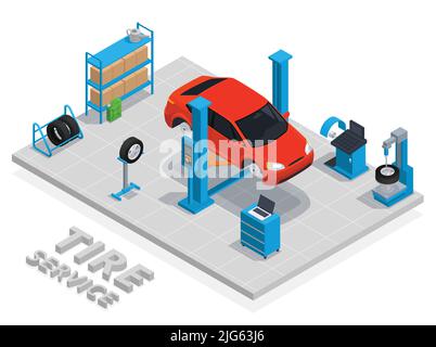 Servizio produzione pneumatici concetto isometrico con descrizione servizio pneumatici e illustrazione vettoriale degli attrezzi tecnici e delle attrezzature Illustrazione Vettoriale