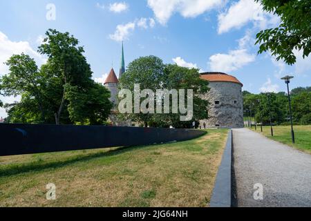 Tallinn, Estonia. Luglio 2022. Il monumento linea tratteggiata. Questo monumento, eretto sul bastione Suur Rannavarav a Tallinn, ricorda uno dei più trag Foto Stock