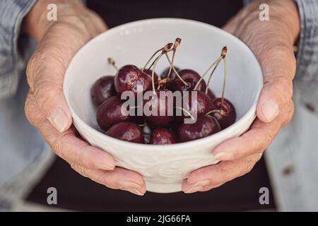 Mani di una donna anziana che tiene una ciotola di ciliegie mature Foto Stock