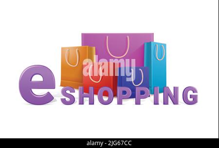 Shopping bag composizione realistica con testo modificabile e cinque colorati sacchetti di carta eco-compatibili illustrazione vettoriale Illustrazione Vettoriale