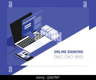Online banking isometric landing page sito web bianco blu sfondo design con banconote pile info pulsanti illustrazione vettoriale Illustrazione Vettoriale