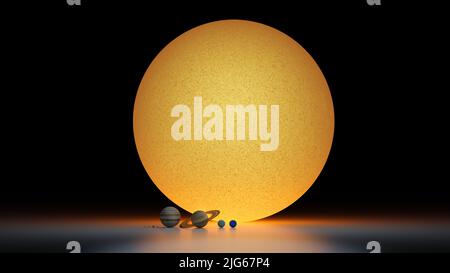 Confronto dimensioni del Sole con pianeti, Mercurio, Venere, Terra, Marte, Giove, Saturno, Urano, Nettuno. Dimensioni precise Foto Stock