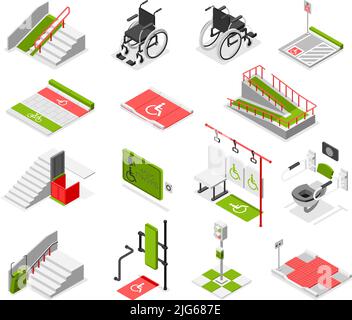 Ambiente isometrico accessibile con sedie a rotelle e vari luoghi della città dotati di dispositivi per disabili isolato vettore illustratio Illustrazione Vettoriale