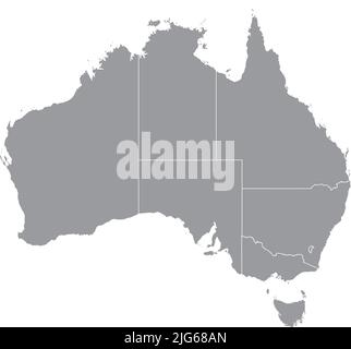 Mappa amministrativa vettoriale grigia vuota DELL'AUSTRALIA con linee di confine nere dei suoi stati e territori Illustrazione Vettoriale