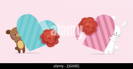 Illustrazione vettoriale piatta del giorno di San Valentino. Carino coniglietto e teddybear isolato che tiene un cuore-a forma di scatola regalo. Illustrazione del saluto di San Valentino. Illustrazione Vettoriale