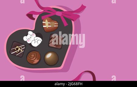 Carta o banner vettoriale per il giorno di San Valentino felice. Biglietto d'auguri amore. Carta di San Valentino con simpatico cartone animato in una scatola a forma di cuore. Illustrazione Vettoriale