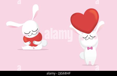 Illustrazione del set vettoriale isolato di San Valentino. Carino coniglietto bianco che tiene un cuore rosso. Illustrazione Vettoriale