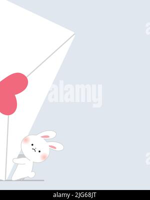 Simpatico coniglio cartoon che tiene una lettera d'amore per San Valentino. Biglietto per la celebrazione del giorno di San Valentino o biglietto d'auguri d'amore illustrazione vettoriale piatta. Illustrazione Vettoriale