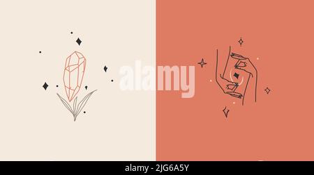 Disegno a mano vettore astratto stock flat grafica illustrazioni collezione set con elementi di logo, bohémien arte segno magico di cristallo gemma pietra in umano Illustrazione Vettoriale