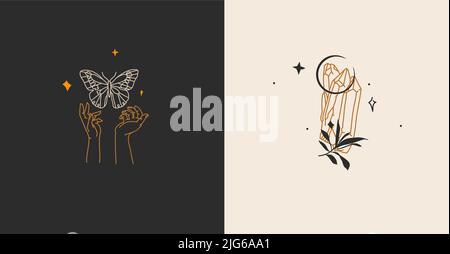 Disegno a mano vettore astratto stock flat grafica illustrazioni collezione set con elementi di logo, bohémien arte segno magico di cristallo gemma pietra in umano Illustrazione Vettoriale