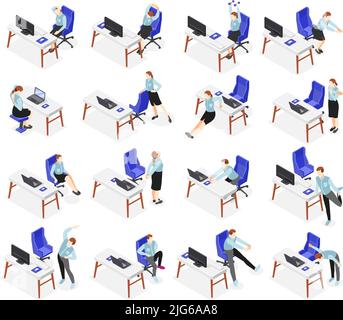Office allunga le icone isometriche con i dipendenti che fanno esercizi seduti e in piedi al loro posto di lavoro isolato illustrazione vettoriale Illustrazione Vettoriale
