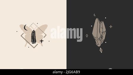 Disegno a mano vettore astratto stock flat grafica illustrazioni collezione set con elementi di logo, bohémien arte segno magico di cristallo gemma pietra in umano Illustrazione Vettoriale