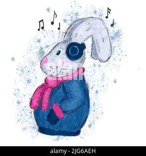 illustrazione disegnata a mano di coniglio coniglio coniglio coniglio coniglio coniglio coniglio coniglietto. Inverno nuovo anno natale cartone animato di carattere ascolto di musica melodie. Illustrazione divertente per il nuovo anno cinese 2023 biglietti inviti in rosa blu Foto Stock