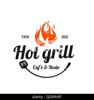 Vintage barbecue alla griglia con logo Red Fire Grill Food Vector Illustrazione Vettoriale