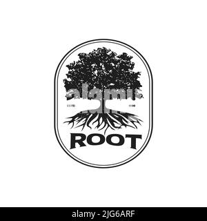 Illustrazione della silhouette di Oak Tree con radici vettoriali vintage logo design, modello, albero della vita, albero astratto a forma di cerchio. Illustrazione Vettoriale