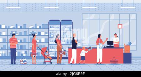 Coda nella composizione del supermercato con paesaggio interno e persone in piedi in linea di cassa con cestini carrelli illustrazione vettoriale Illustrazione Vettoriale