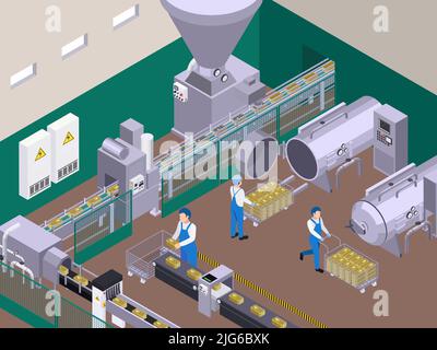 Composizione isometrica per la produzione di alimenti in scatola con scenario interno del reparto operativo con serbatoi di stoccaggio e illustrazione vettoriale dei lavoratori Illustrazione Vettoriale