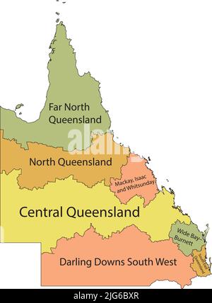 Mappa pastello delle regioni DEL QUEENSLAND, AUSTRALIA Illustrazione Vettoriale