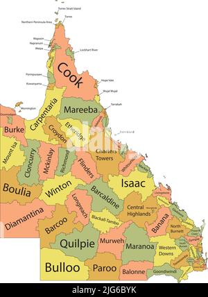 Mappa con tag pastello delle aree del governo locale DEL QUEENSLAND, AUSTRALIA Illustrazione Vettoriale