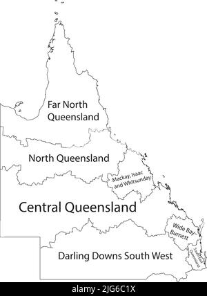 Mappa con tag bianchi delle regioni DEL QUEENSLAND, AUSTRALIA Illustrazione Vettoriale