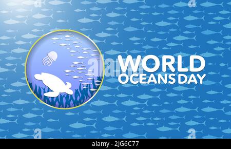 World Oceans Day Paper Art Concept. Modello quadrato con spazio di copia. Carta blu origami oceano all'interno di cornice a forma di pesce con tartaruga, pesce gelatina. Illustrazione Vettoriale