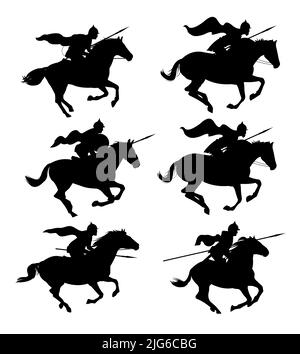 I Cavalieri saltano. Oggetto impostato. Silhouette scenario. Guerrieri medievali con lance e in corazza cavalcano cavalli. Isolato su sfondo bianco. Vettore. Illustrazione Vettoriale