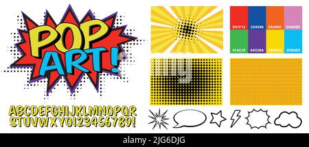 Font di grafica pop e collezione di sfondo, in formato vettoriale Illustrazione Vettoriale