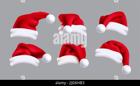Design vettoriale di Santa Hat. Babbo natale 3D collezione di elementi di cappellino di natale in diverse angolazioni e piegamenti per decorazioni in costume di Natale. Illustrazione Vettoriale