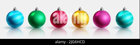 Palle di Natale vettore set design. Collezione di decorazioni con sfera di Natale su sfondo bianco con motivi decorativi per decorazioni a 3D xmas. Illustrazione Vettoriale