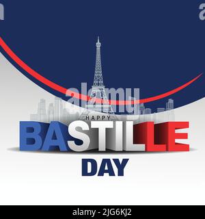 Buon giorno della Bastiglia. Illustrazione vettoriale della bandiera francese e della lettera 3d. Poster, banner, modello di disegno Illustrazione Vettoriale