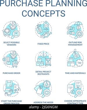 Set di icone per la pianificazione dell'acquisto del concetto di turchese Illustrazione Vettoriale