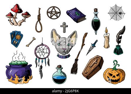 set vettoriale di elementi di halloween, elementi magici. disegni di schizzo di halloween. Illustrazione Vettoriale