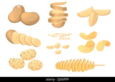 Insieme di stati diversi di patata intera anelli illustrazione vettoriale chip isolato su sfondo bianco Illustrazione Vettoriale