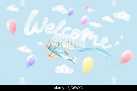 Benvenuto parete del nursery art. Bambino doccia ragazzo. Velivolo con nastro, palloncini volare in cielo. Nuvole bianche sfondo blu. Acquerello. Composizione isolata Foto Stock