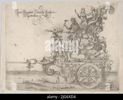 Processione, con un maschio e due figure femminili seduti su un galleggiante, 16th secolo. Foto Stock